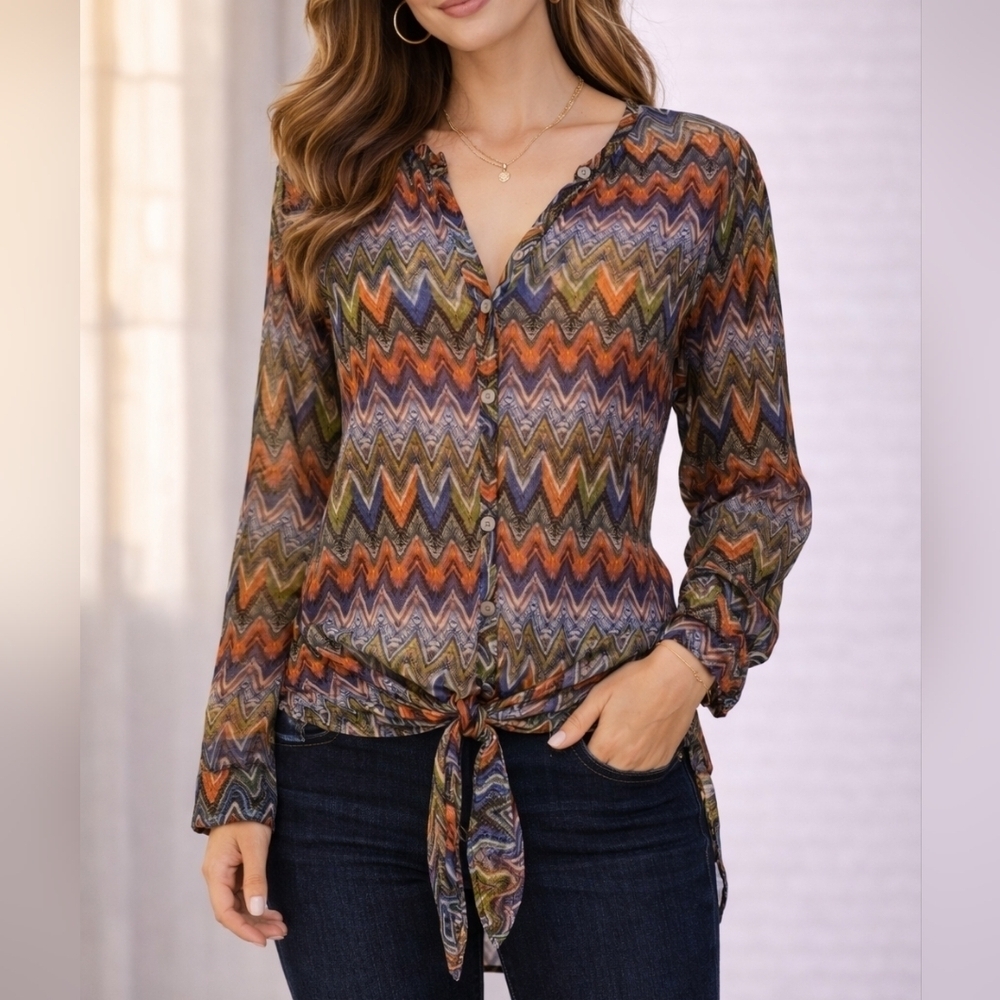 KUT FROM THE KLOTH Zigzag Rainbow Chiffon Button Down Tie Waist Festival Shirt